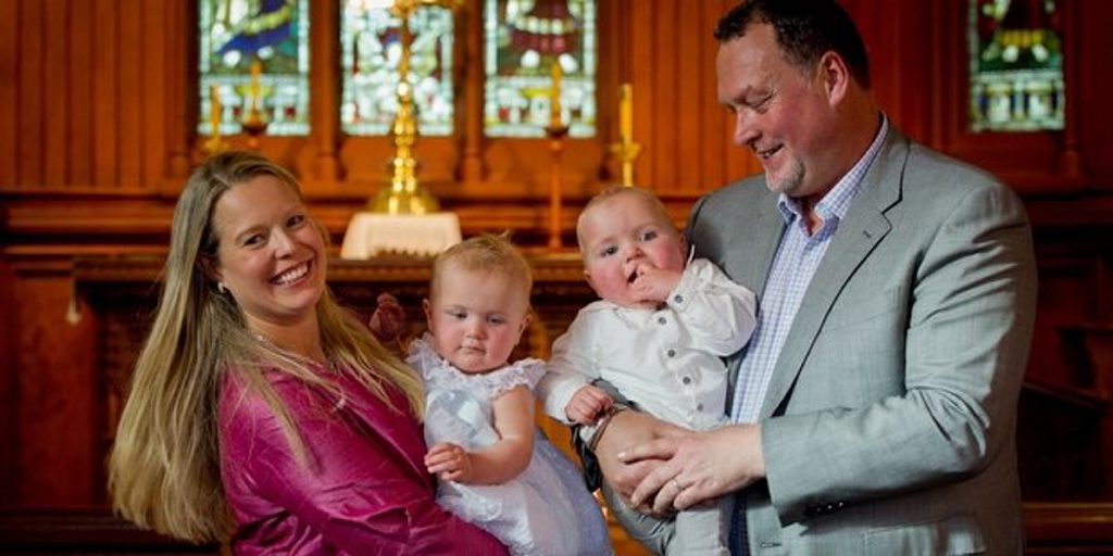 Jane (left) and Martin Weekes had twins Parker (with Martin) and Poppy (with Jane) christened. Jane (left) and Martin Weekes had twins Parker (with Martin) and Poppy (with Jane) christened.
